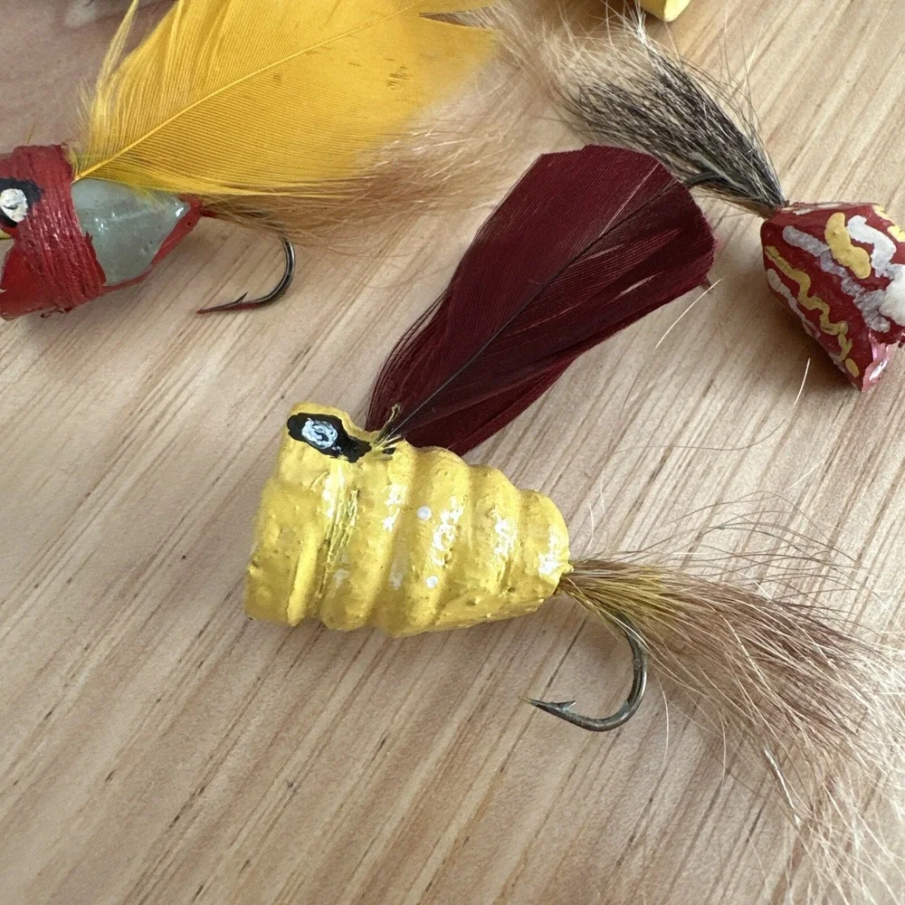 Vtg Handmade Fly Fishing Cork Popper Lures Lot of 5 Feathers Horsehair (1)